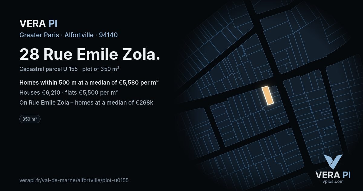 28 Rue Emile Zola, Alfortville at night – the plot lit, the parcels around coloured by the prices near them