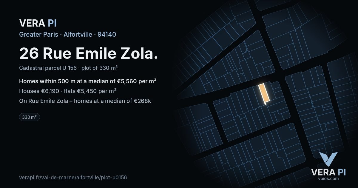 26 Rue Emile Zola, Alfortville at night – the plot lit, the parcels around coloured by the prices near them
