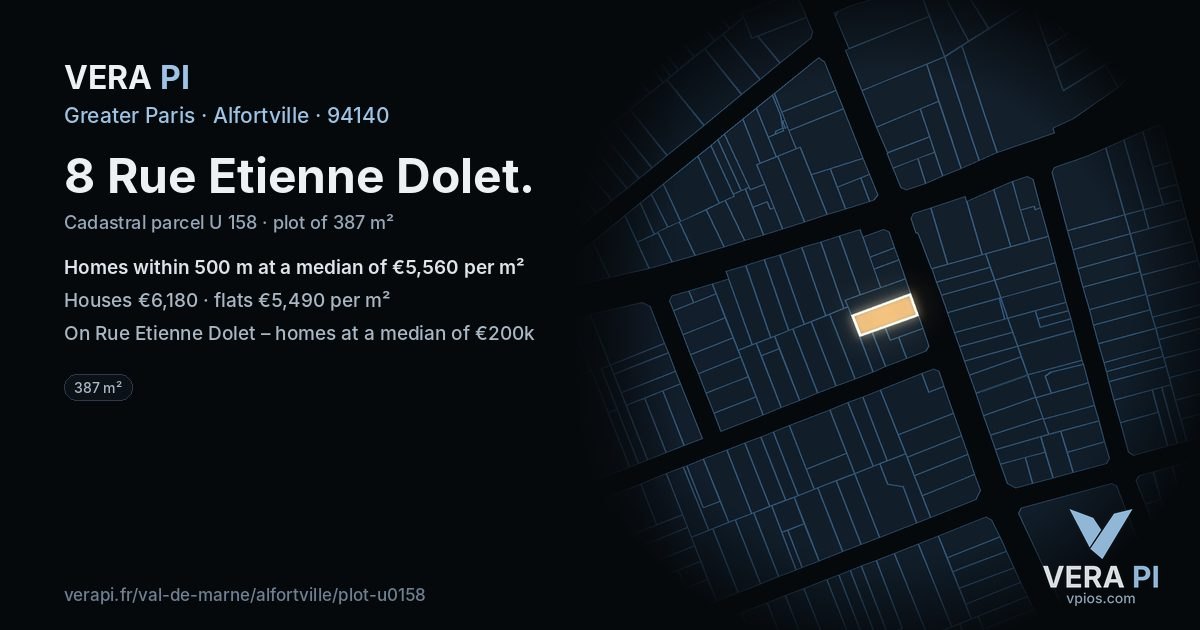 8 Rue Etienne Dolet, Alfortville at night – the plot lit, the parcels around coloured by the prices near them