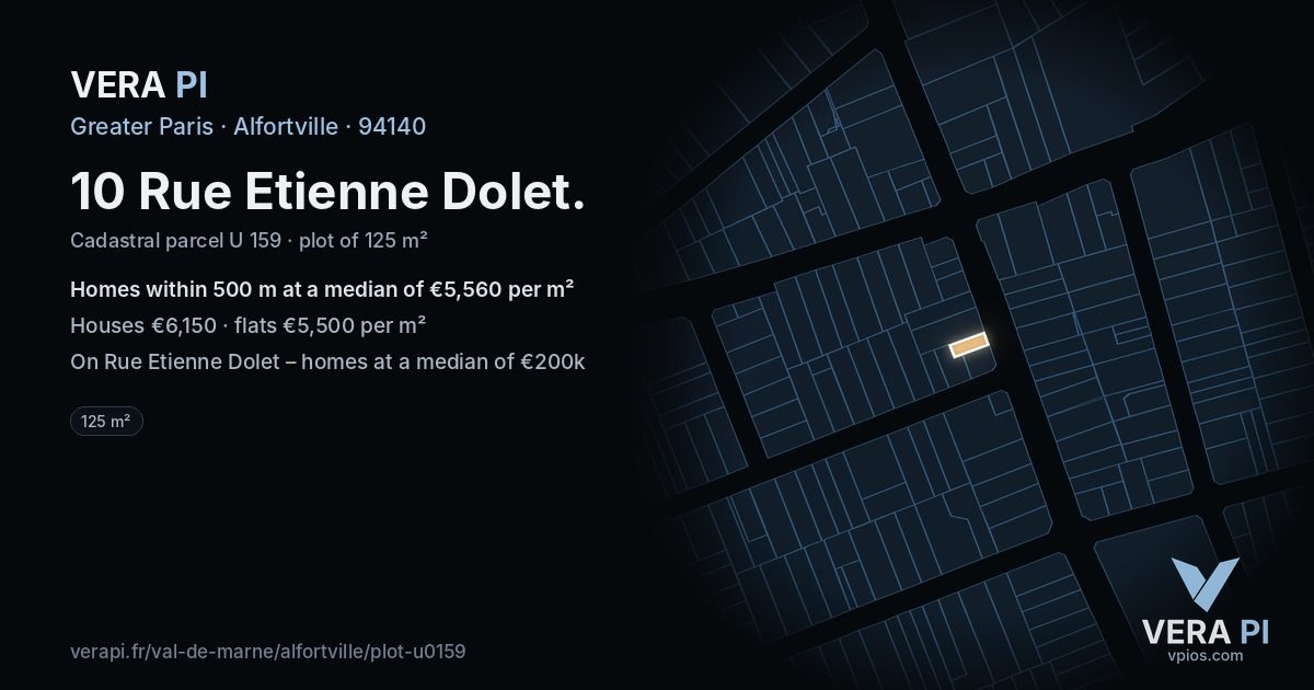 10 Rue Etienne Dolet, Alfortville at night – the plot lit, the parcels around coloured by the prices near them