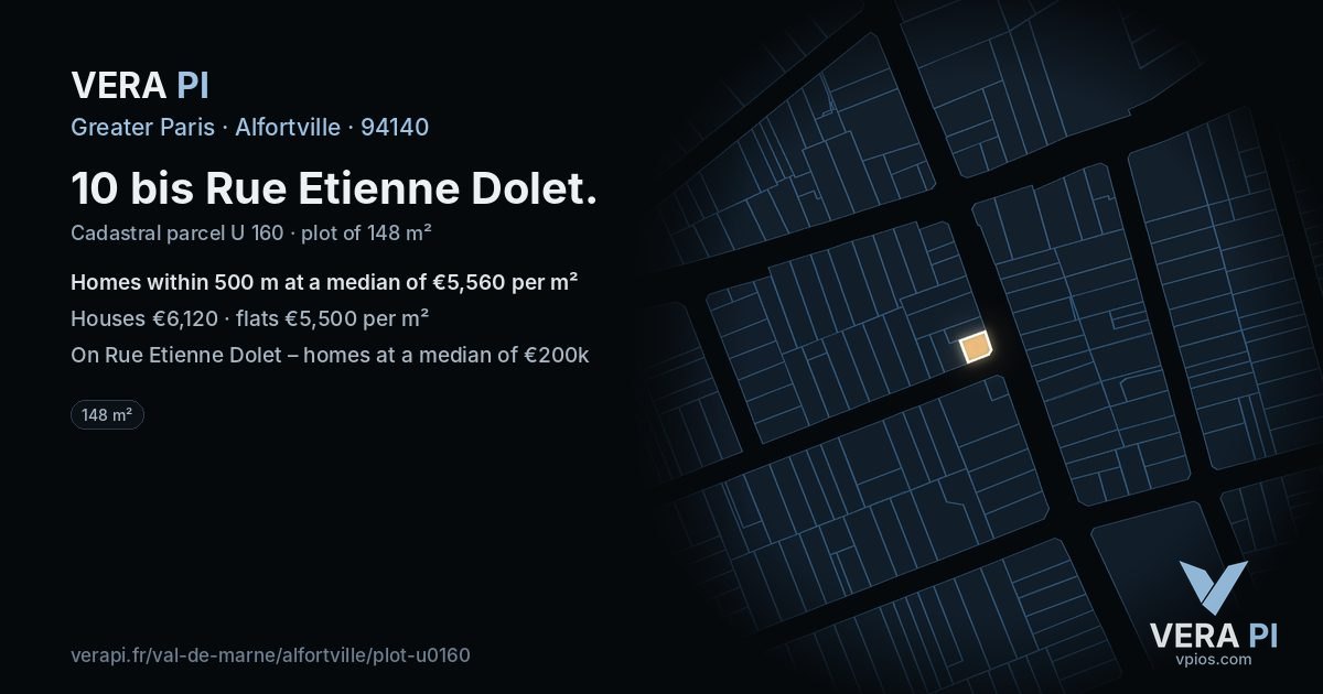 10 bis Rue Etienne Dolet, Alfortville at night – the plot lit, the parcels around coloured by the prices near them