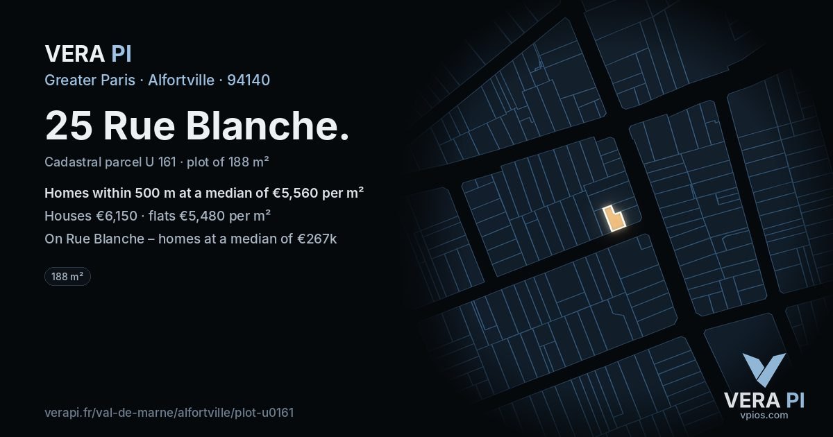 25 Rue Blanche, Alfortville at night – the plot lit, the parcels around coloured by the prices near them