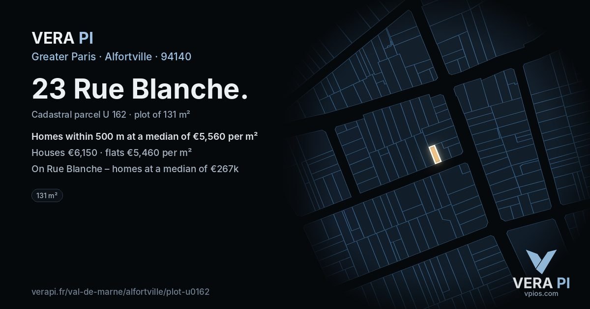 23 Rue Blanche, Alfortville at night – the plot lit, the parcels around coloured by the prices near them