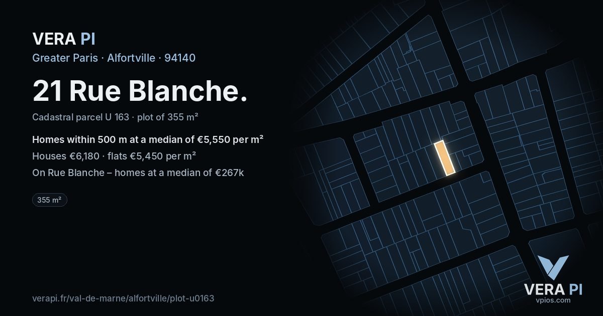 21 Rue Blanche, Alfortville at night – the plot lit, the parcels around coloured by the prices near them