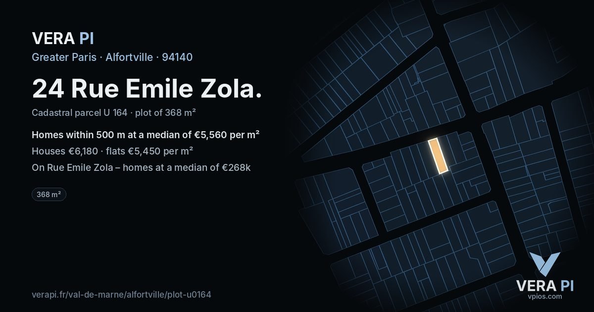 24 Rue Emile Zola, Alfortville at night – the plot lit, the parcels around coloured by the prices near them