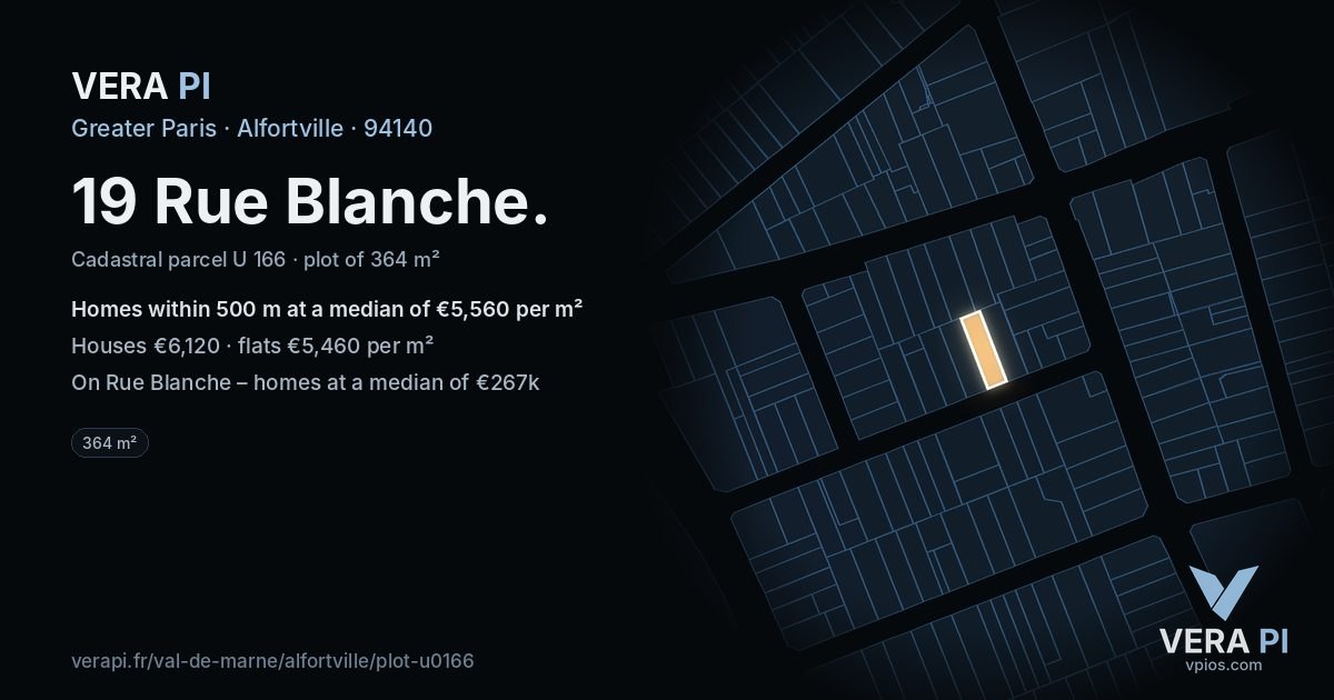 19 Rue Blanche, Alfortville at night – the plot lit, the parcels around coloured by the prices near them