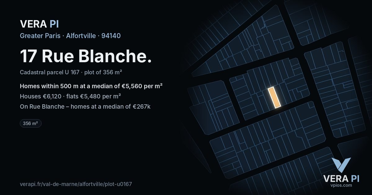 17 Rue Blanche, Alfortville at night – the plot lit, the parcels around coloured by the prices near them