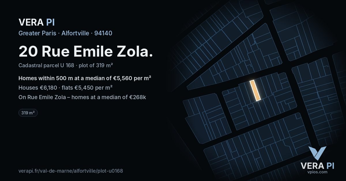 20 Rue Emile Zola, Alfortville at night – the plot lit, the parcels around coloured by the prices near them