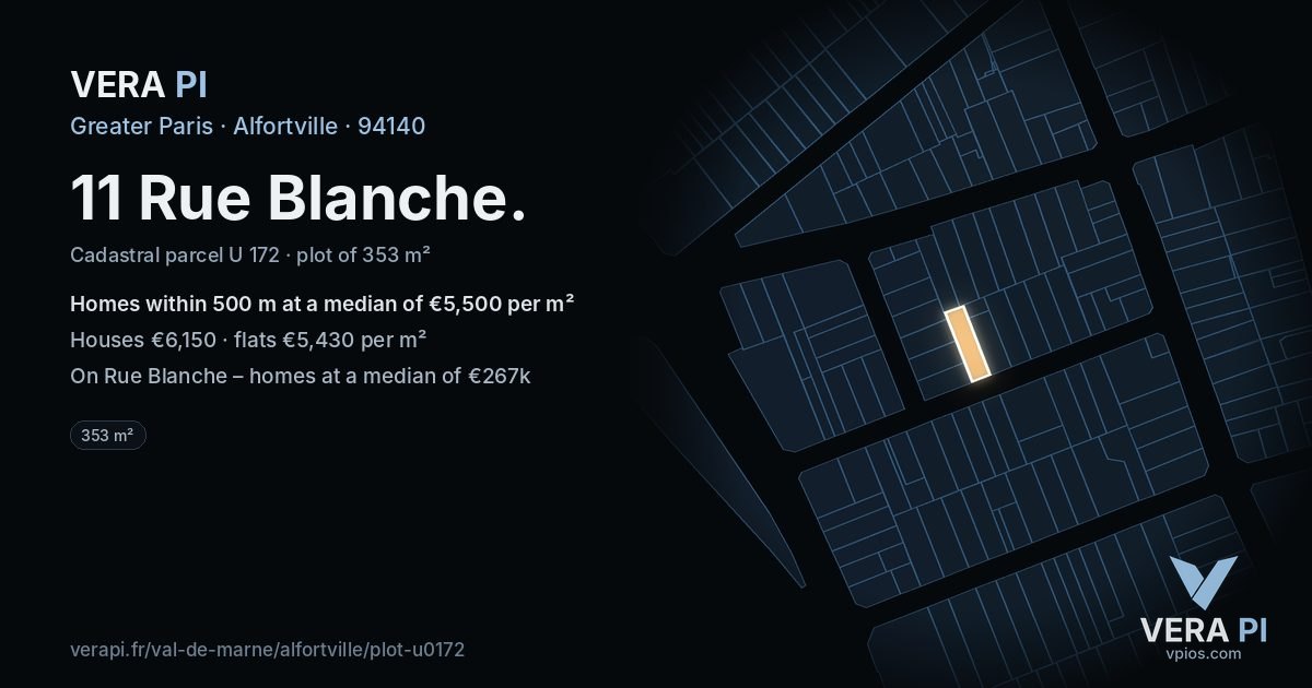11 Rue Blanche, Alfortville at night – the plot lit, the parcels around coloured by the prices near them