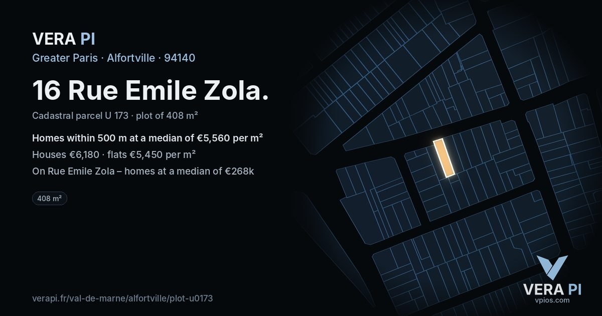 16 Rue Emile Zola, Alfortville at night – the plot lit, the parcels around coloured by the prices near them