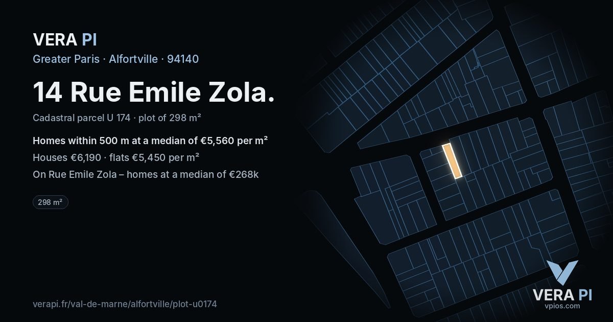 14 Rue Emile Zola, Alfortville at night – the plot lit, the parcels around coloured by the prices near them
