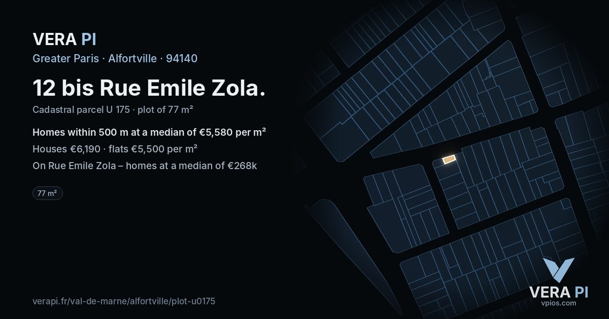 12 bis Rue Emile Zola, Alfortville at night – the plot lit, the parcels around coloured by the prices near them