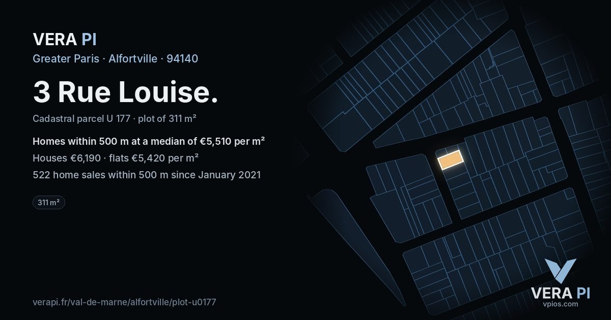 3 Rue Louise, Alfortville at night – the plot lit, the parcels around coloured by the prices near them