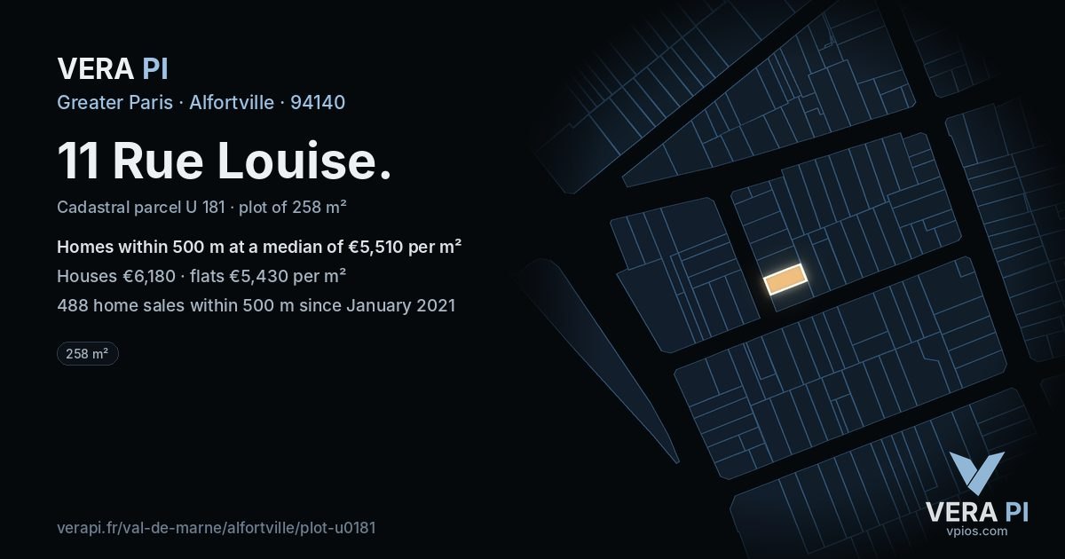 11 Rue Louise, Alfortville at night – the plot lit, the parcels around coloured by the prices near them