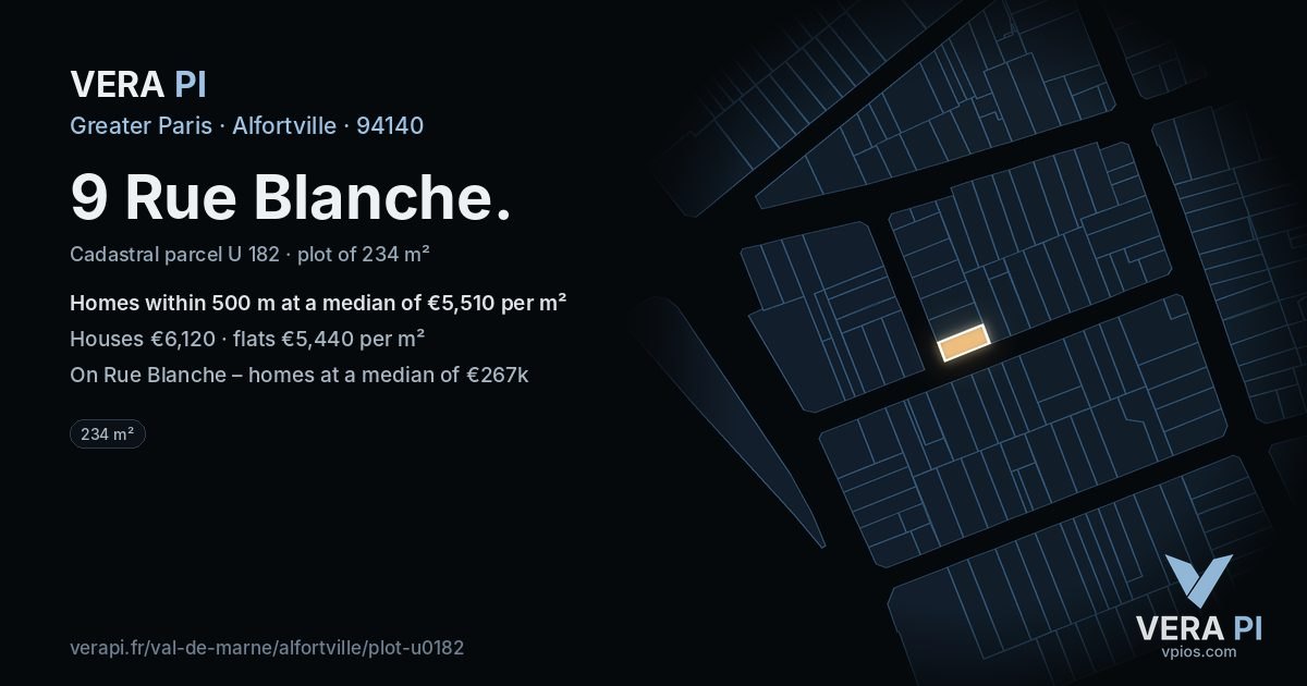 9 Rue Blanche, Alfortville at night – the plot lit, the parcels around coloured by the prices near them
