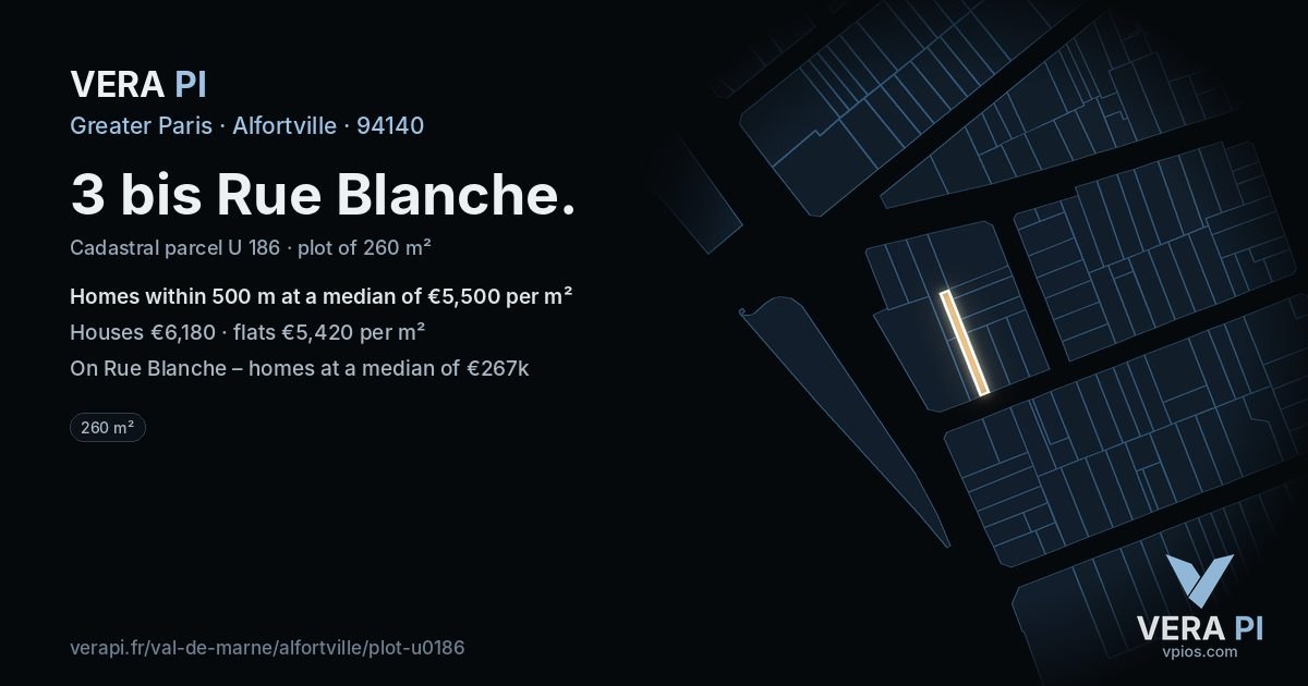 3 bis Rue Blanche, Alfortville at night – the plot lit, the parcels around coloured by the prices near them