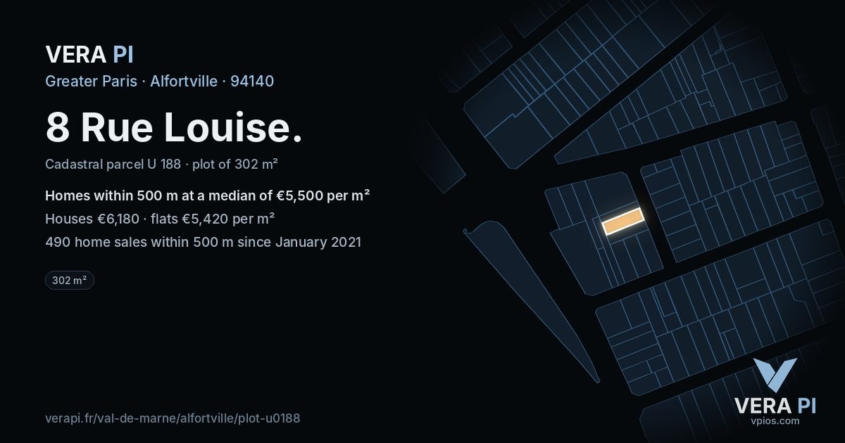 8 Rue Louise, Alfortville at night – the plot lit, the parcels around coloured by the prices near them