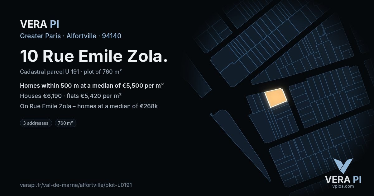 10 Rue Emile Zola, Alfortville at night – the plot lit, the parcels around coloured by the prices near them