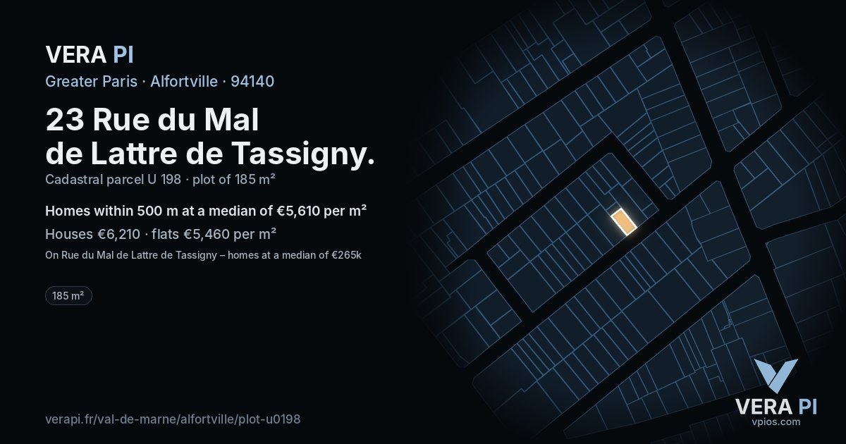 23 Rue du Mal de Lattre de Tassigny, Alfortville at night – the plot lit, the parcels around coloured by the prices near them