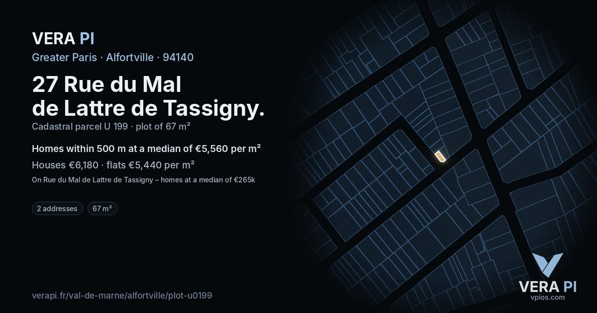 27 Rue du Mal de Lattre de Tassigny, Alfortville at night – the plot lit, the parcels around coloured by the prices near them