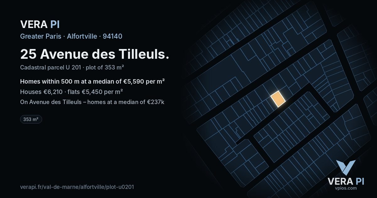25 Avenue des Tilleuls, Alfortville at night – the plot lit, the parcels around coloured by the prices near them