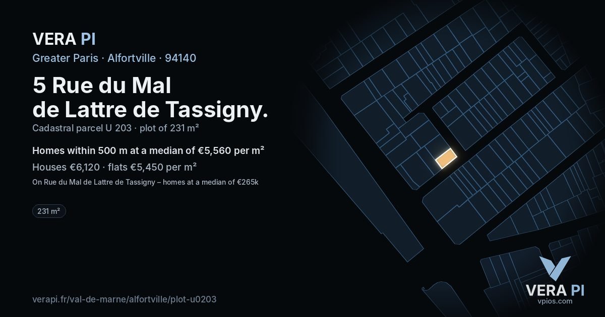 5 Rue du Mal de Lattre de Tassigny, Alfortville at night – the plot lit, the parcels around coloured by the prices near them
