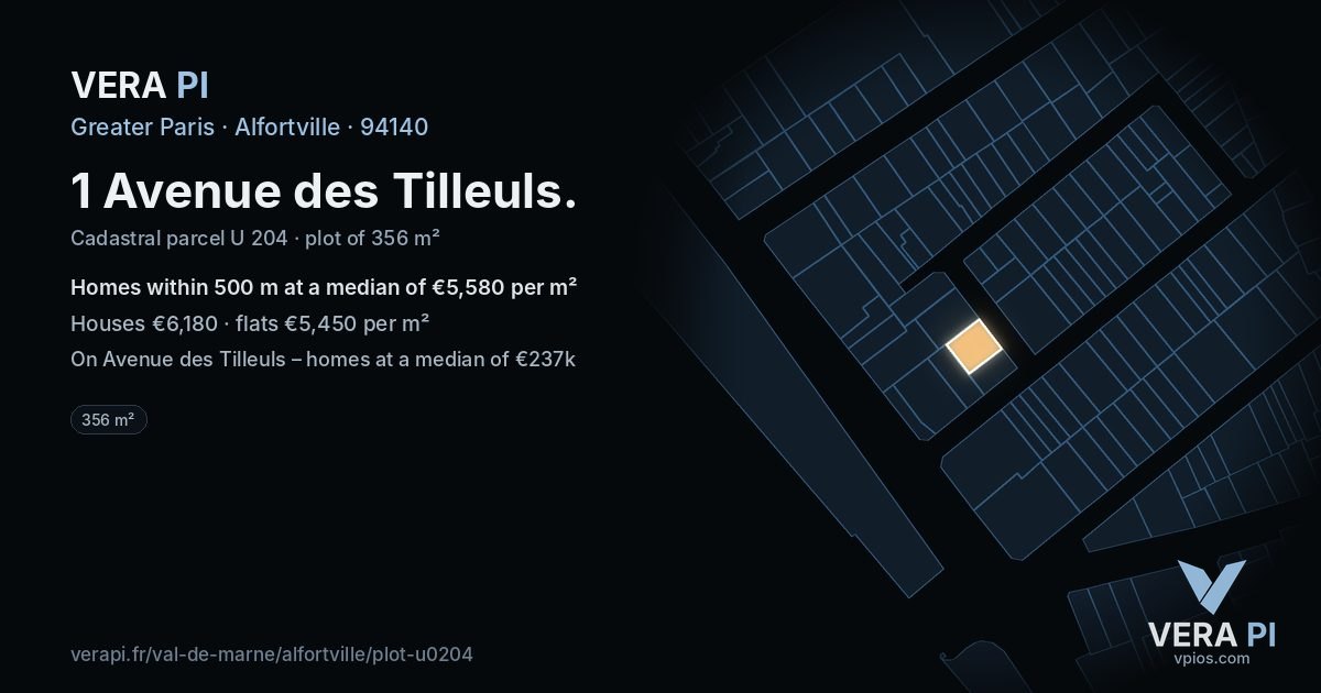 1 Avenue des Tilleuls, Alfortville at night – the plot lit, the parcels around coloured by the prices near them