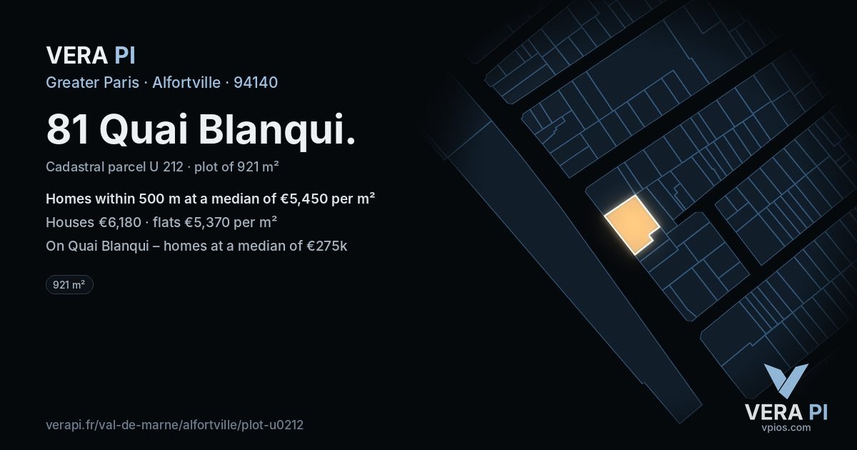 81 Quai Blanqui, Alfortville at night – the plot lit, the parcels around coloured by the prices near them