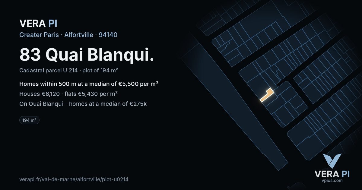 83 Quai Blanqui, Alfortville at night – the plot lit, the parcels around coloured by the prices near them