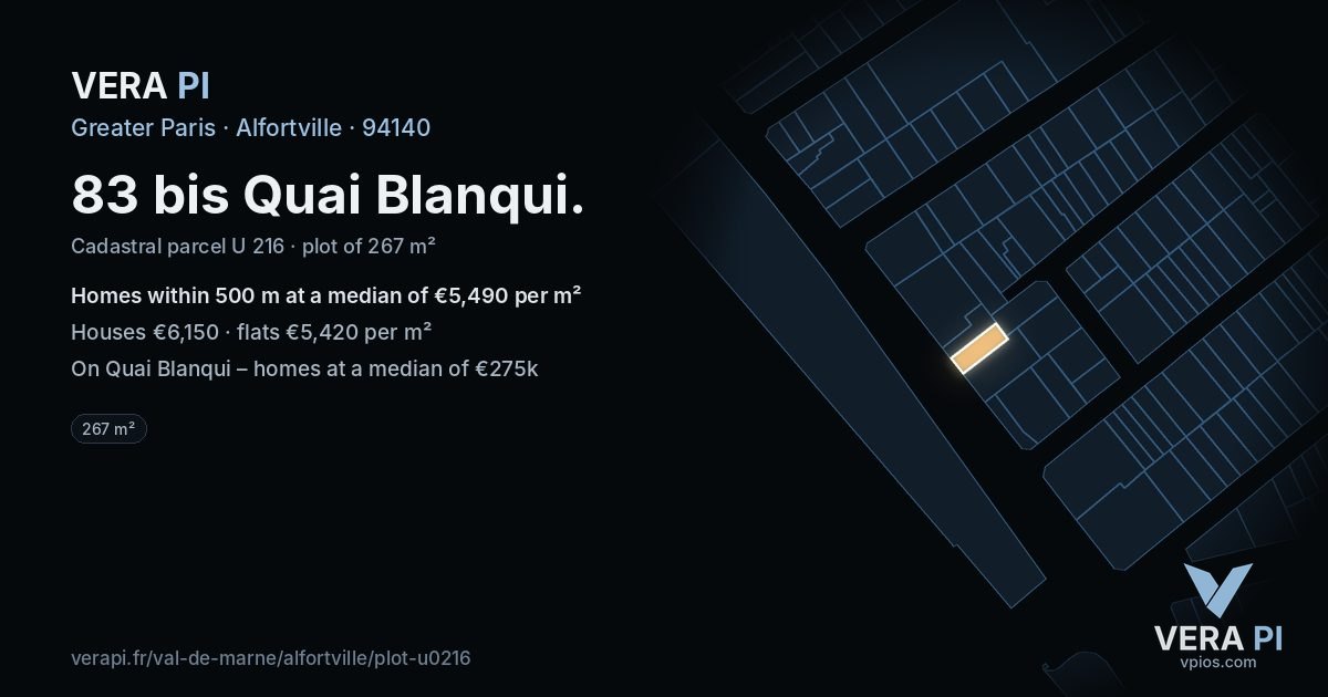83 bis Quai Blanqui, Alfortville at night – the plot lit, the parcels around coloured by the prices near them