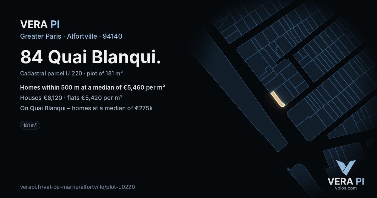 84 Quai Blanqui, Alfortville at night – the plot lit, the parcels around coloured by the prices near them