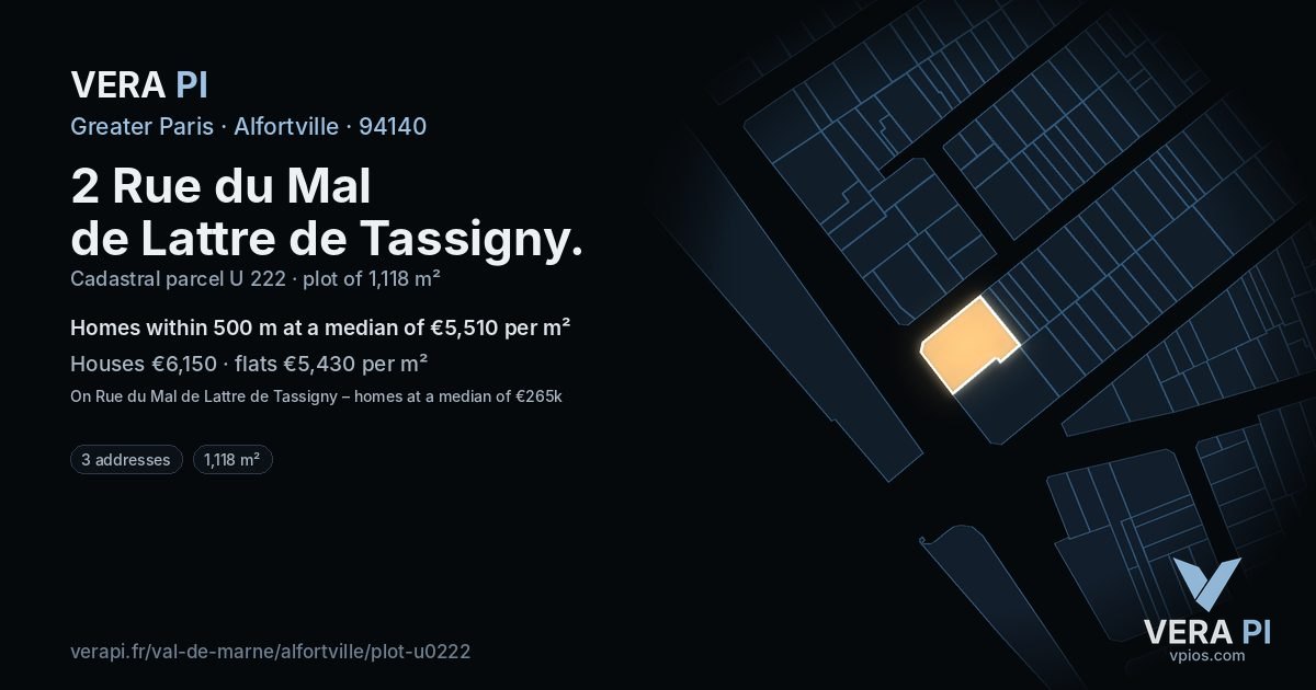 2 Rue du Mal de Lattre de Tassigny, Alfortville at night – the plot lit, the parcels around coloured by the prices near them