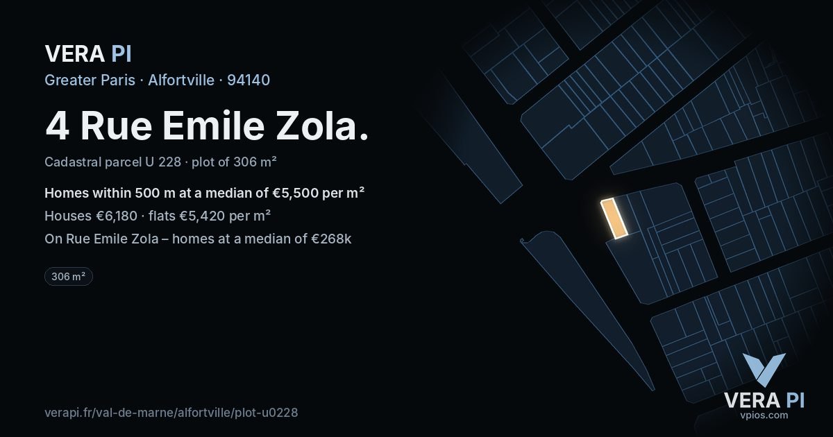 4 Rue Emile Zola, Alfortville at night – the plot lit, the parcels around coloured by the prices near them