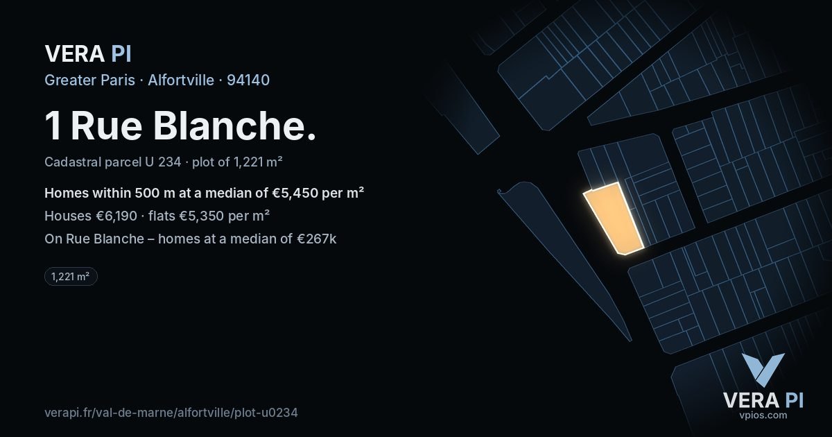 1 Rue Blanche, Alfortville at night – the plot lit, the parcels around coloured by the prices near them