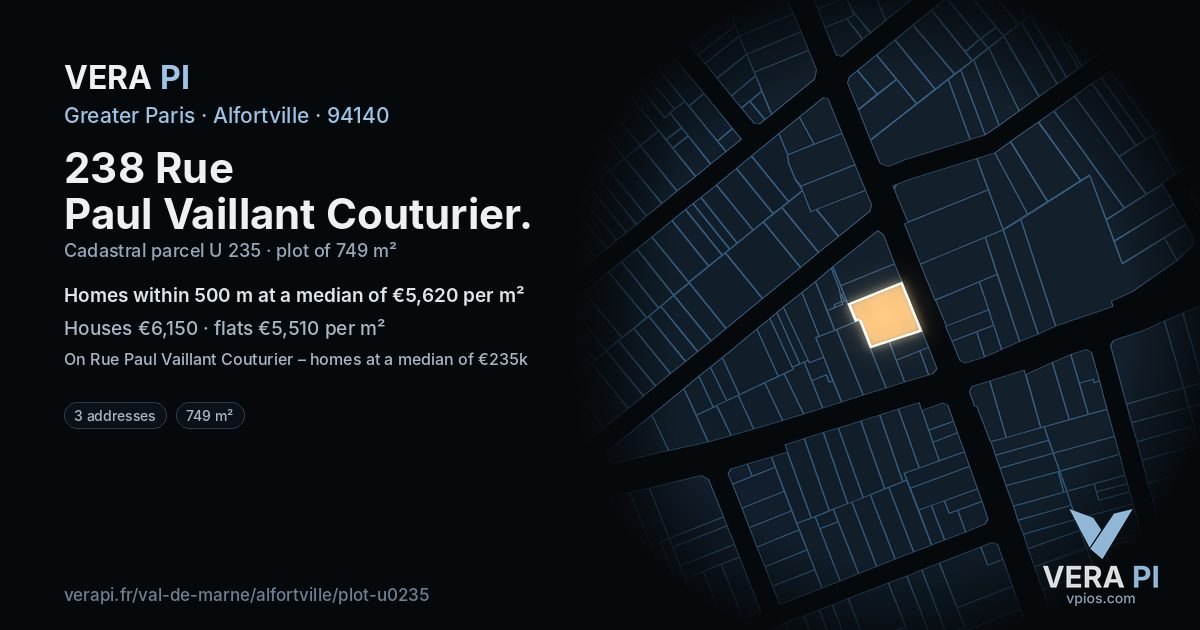 238 Rue Paul Vaillant Couturier, Alfortville at night – the plot lit, the parcels around coloured by the prices near them