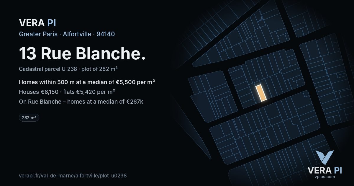 13 Rue Blanche, Alfortville at night – the plot lit, the parcels around coloured by the prices near them