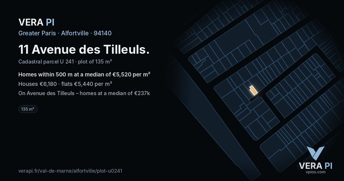 11 Avenue des Tilleuls, Alfortville at night – the plot lit, the parcels around coloured by the prices near them