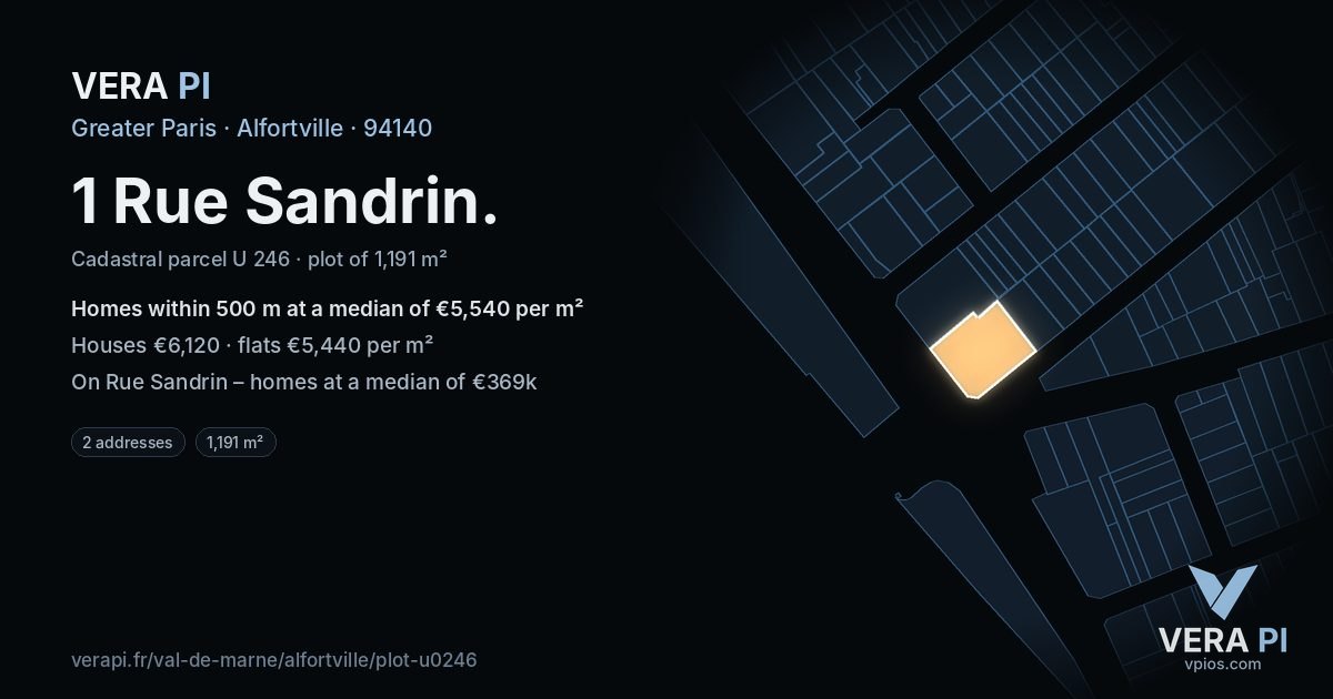 1 Rue Sandrin, Alfortville at night – the plot lit, the parcels around coloured by the prices near them