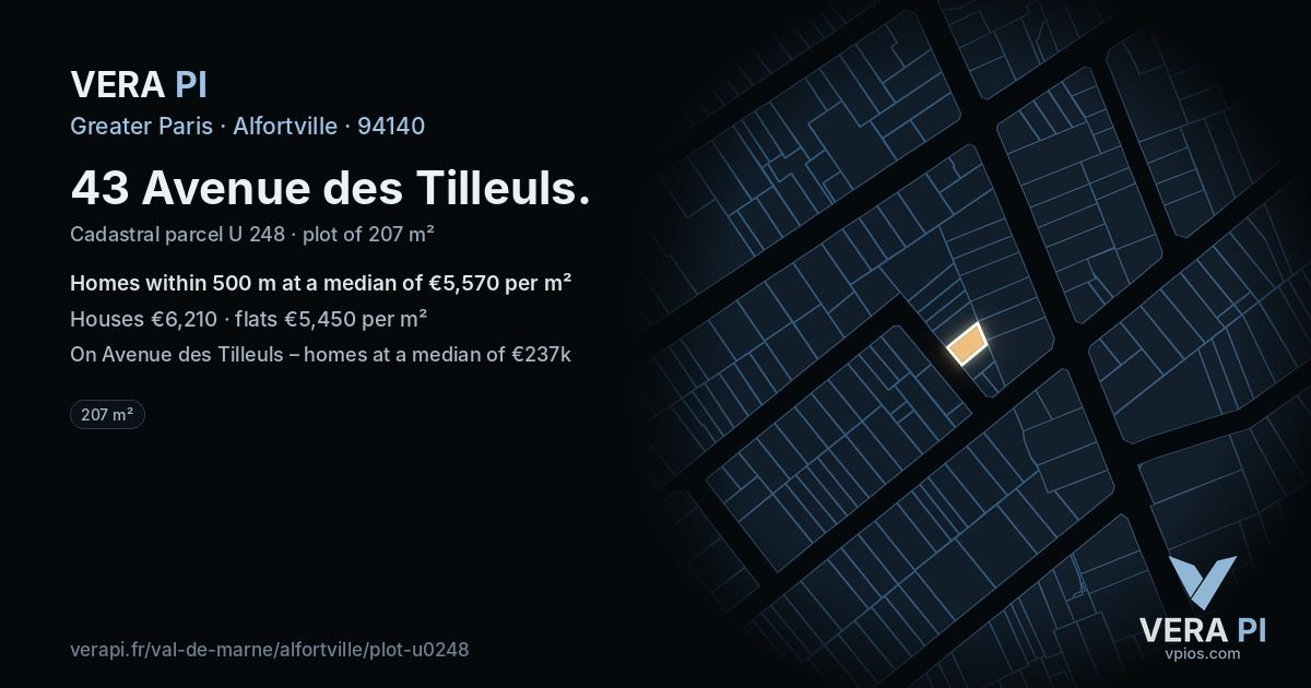 43 Avenue des Tilleuls, Alfortville at night – the plot lit, the parcels around coloured by the prices near them