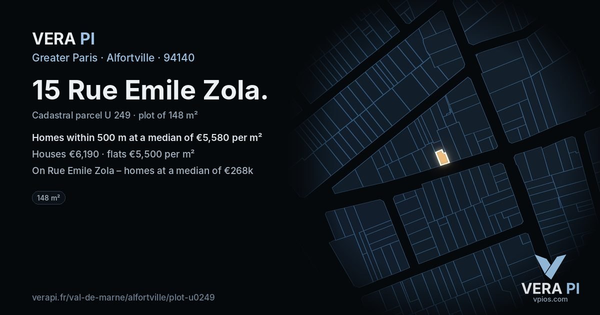 15 Rue Emile Zola, Alfortville at night – the plot lit, the parcels around coloured by the prices near them