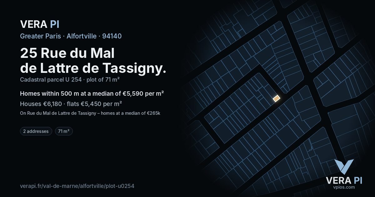 25 Rue du Mal de Lattre de Tassigny, Alfortville at night – the plot lit, the parcels around coloured by the prices near them