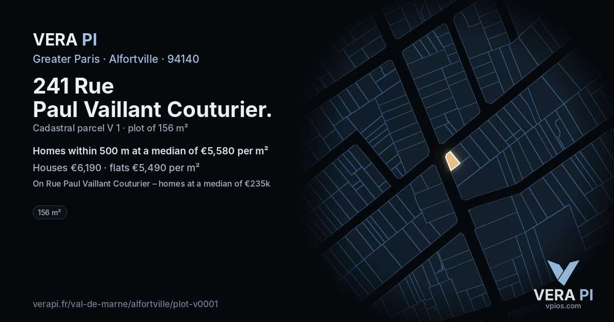 241 Rue Paul Vaillant Couturier, Alfortville at night – the plot lit, the parcels around coloured by the prices near them