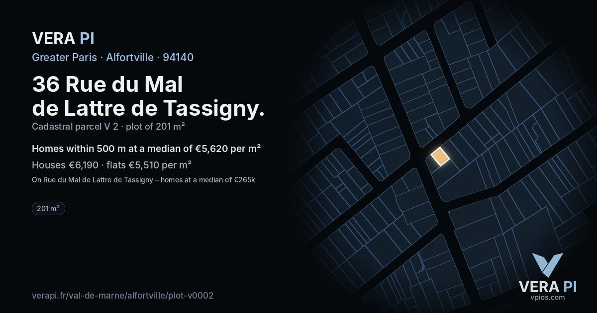 36 Rue du Mal de Lattre de Tassigny, Alfortville at night – the plot lit, the parcels around coloured by the prices near them