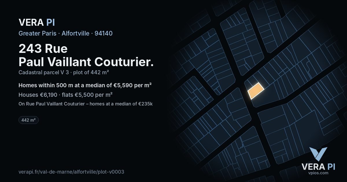 243 Rue Paul Vaillant Couturier, Alfortville at night – the plot lit, the parcels around coloured by the prices near them