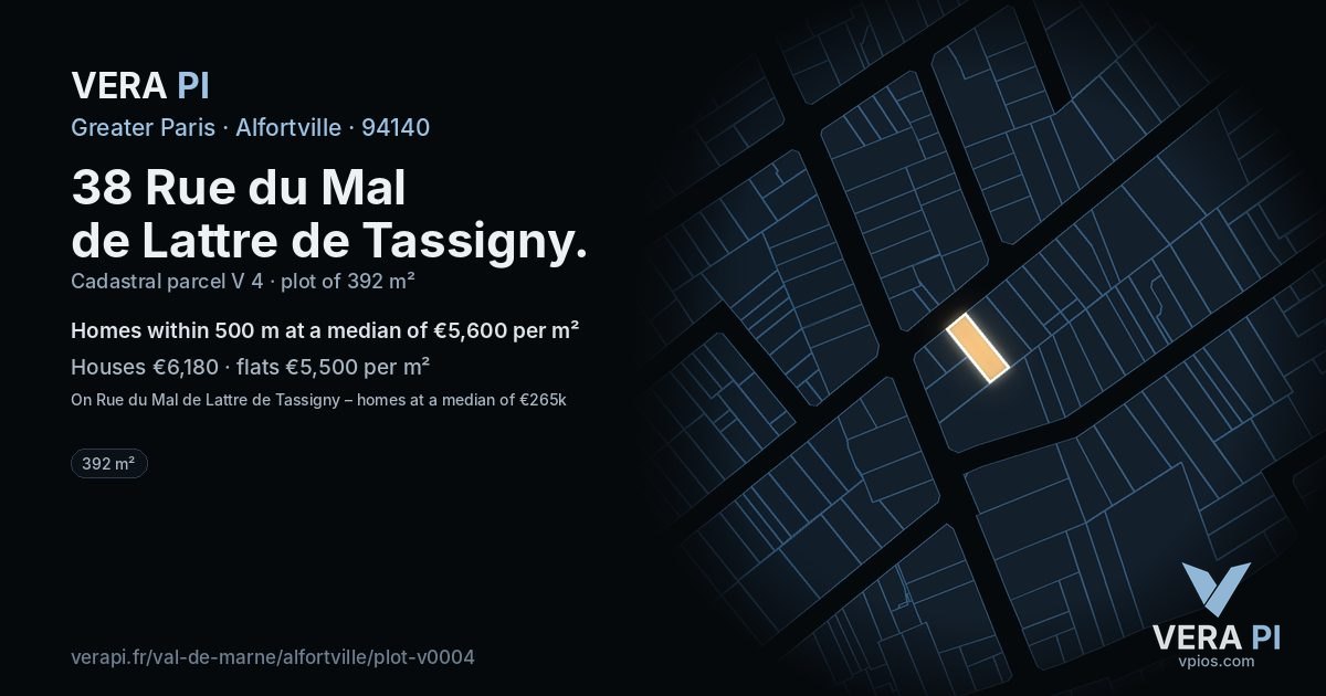 38 Rue du Mal de Lattre de Tassigny, Alfortville at night – the plot lit, the parcels around coloured by the prices near them