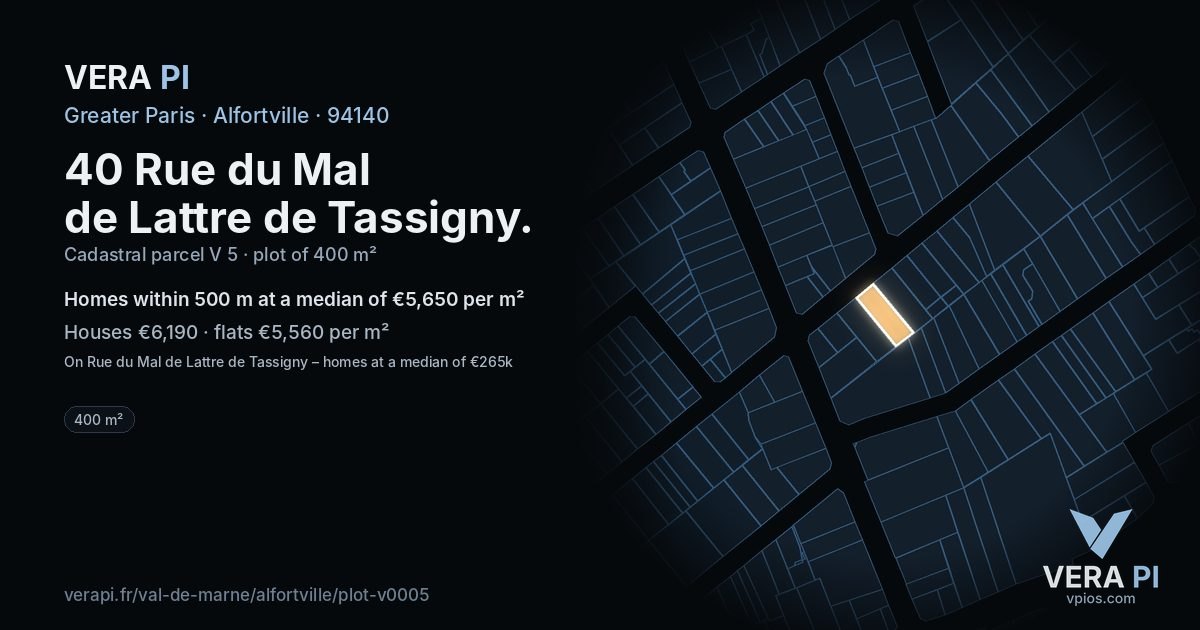 40 Rue du Mal de Lattre de Tassigny, Alfortville at night – the plot lit, the parcels around coloured by the prices near them