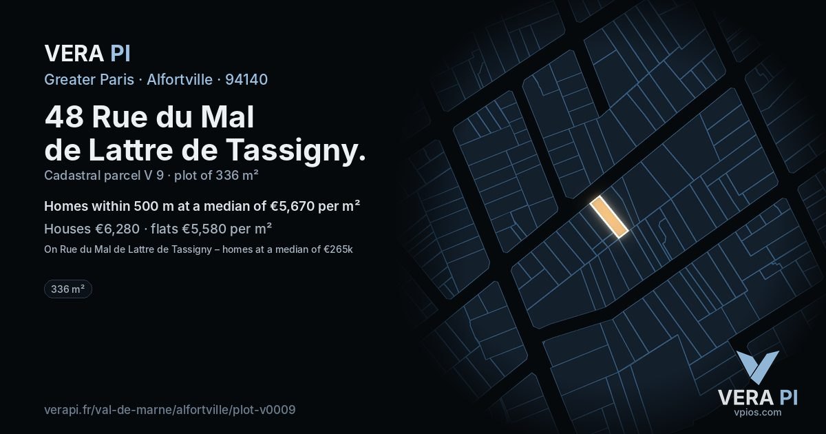 48 Rue du Mal de Lattre de Tassigny, Alfortville at night – the plot lit, the parcels around coloured by the prices near them