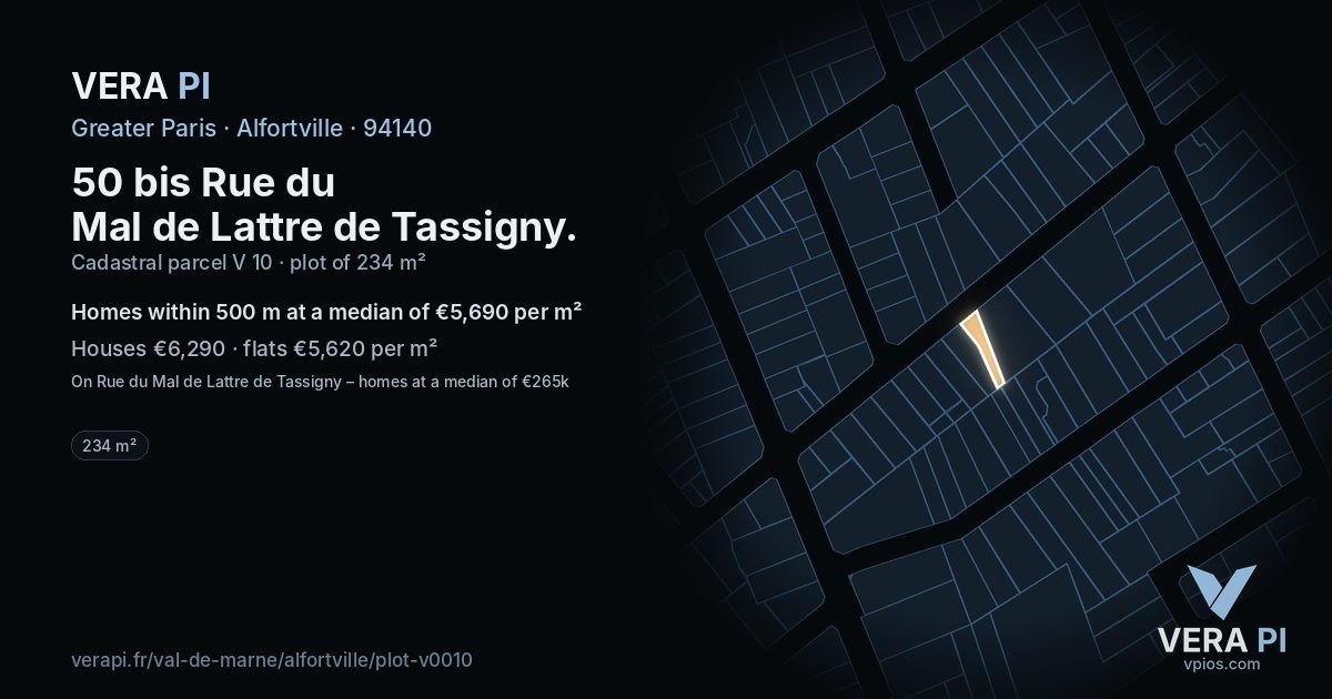 50 bis Rue du Mal de Lattre de Tassigny, Alfortville at night – the plot lit, the parcels around coloured by the prices near them