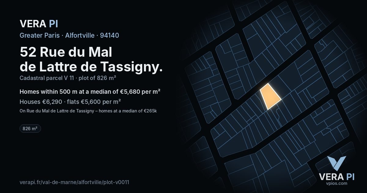 52 Rue du Mal de Lattre de Tassigny, Alfortville at night – the plot lit, the parcels around coloured by the prices near them