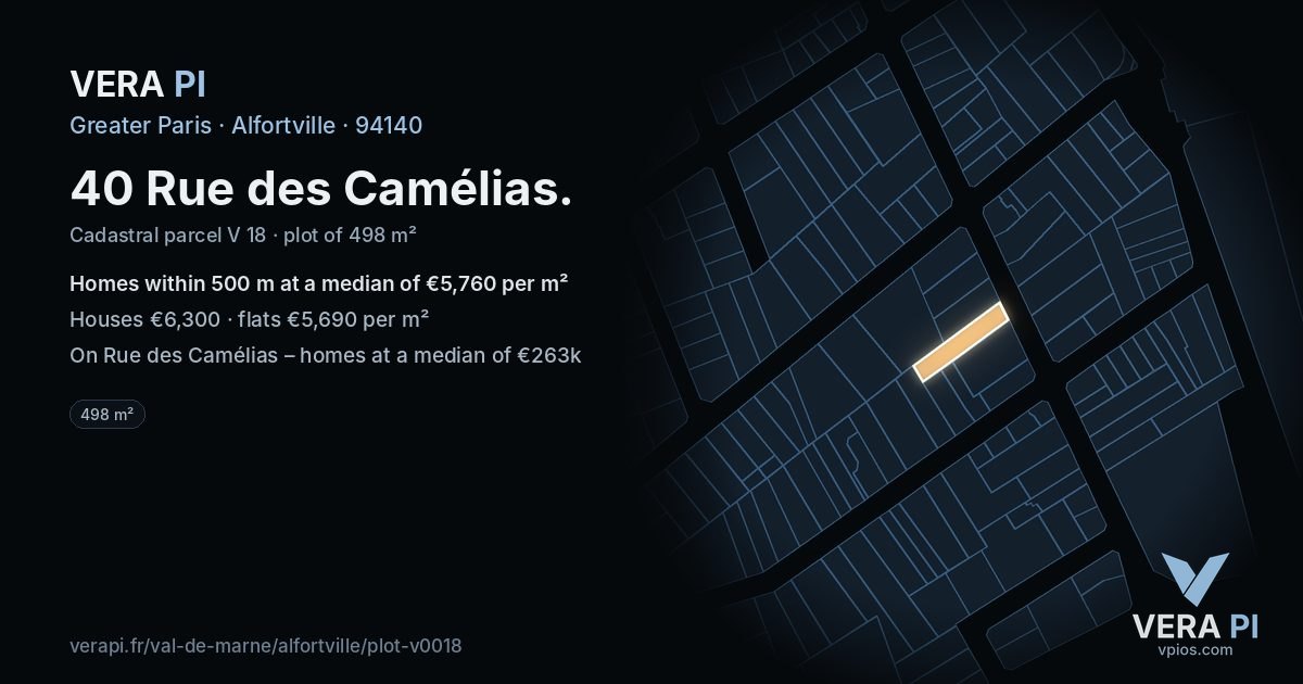 40 Rue des Camélias, Alfortville at night – the plot lit, the parcels around coloured by the prices near them